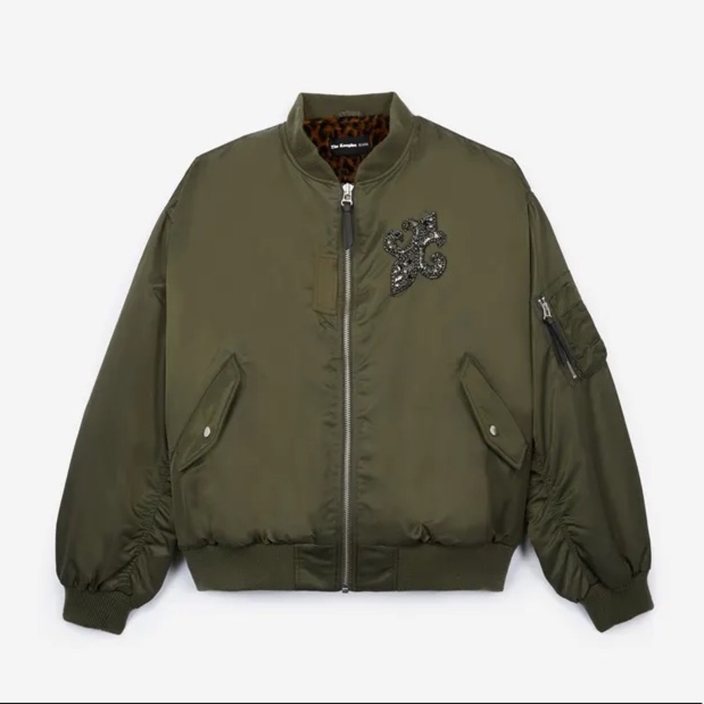 The Kooples KHAKI BOMBER WITH FLEUR-DE-LIS BADGE EMBROIDERY in Size 1